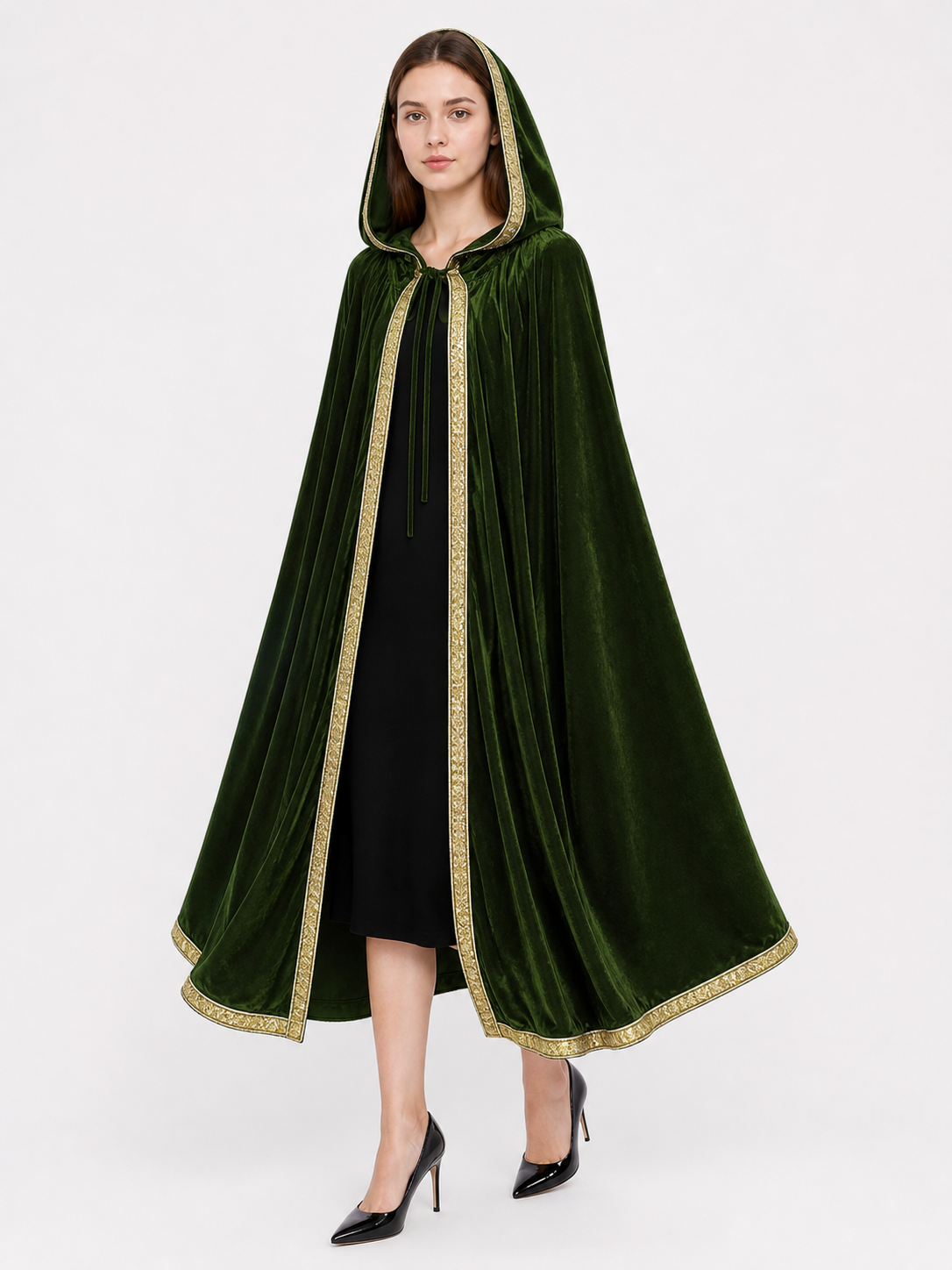 Green hooded carnival cloak, trim