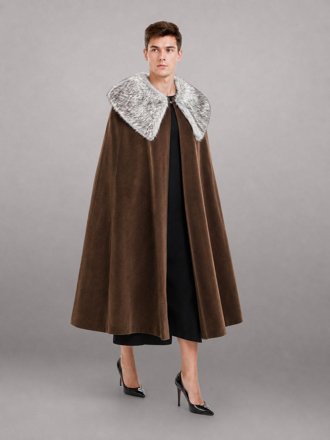 Brown Costume Cloak with Fur Collar