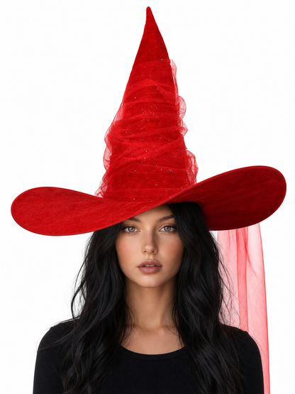 Red Halloween Witch Hat Tall Pointed Cone Wide Curved Brim Sheer Layered Glitter Speckled Costume Accessory for Parties and Photography