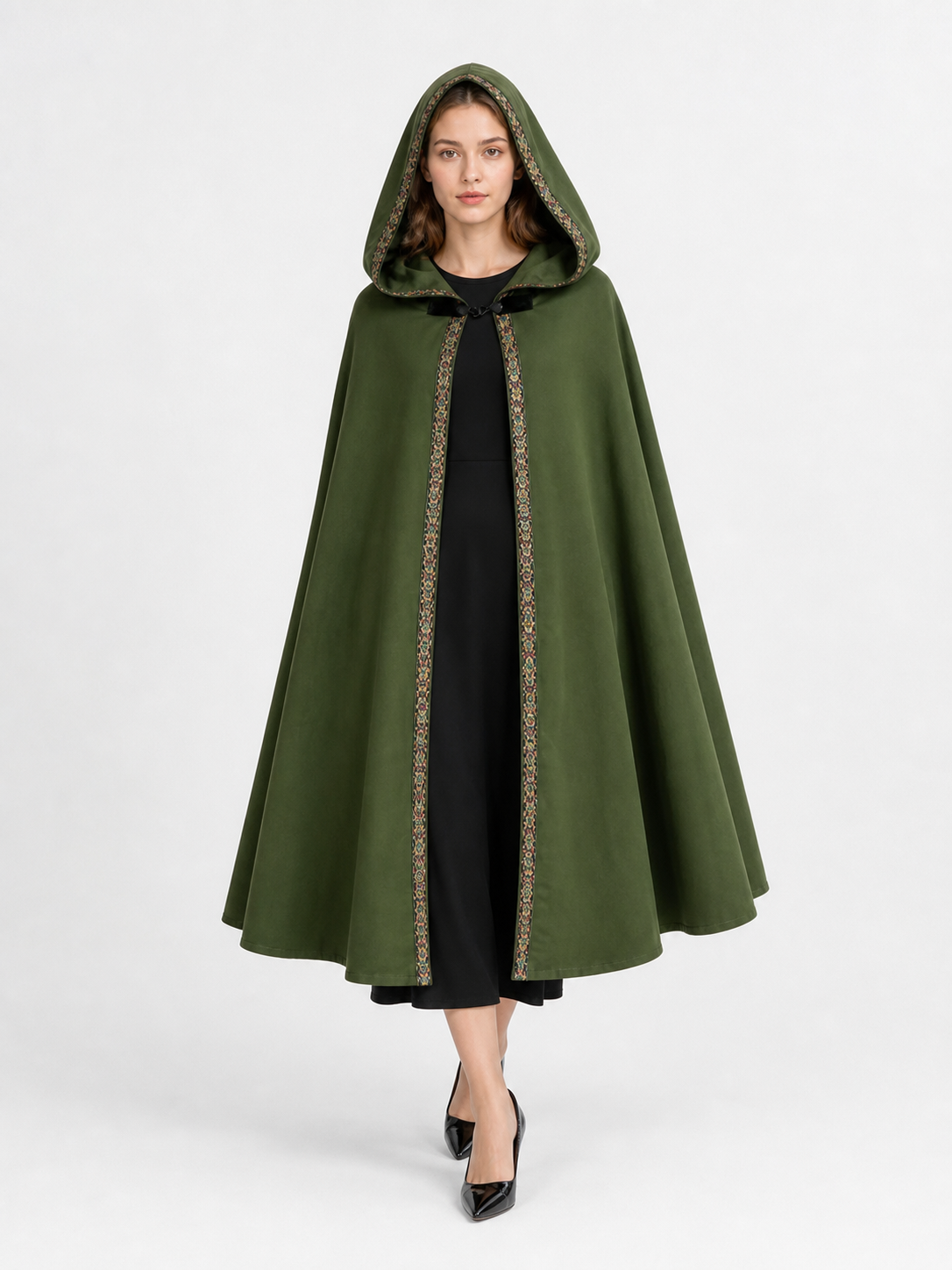 Green Carnival Cloak with Hood and Trim