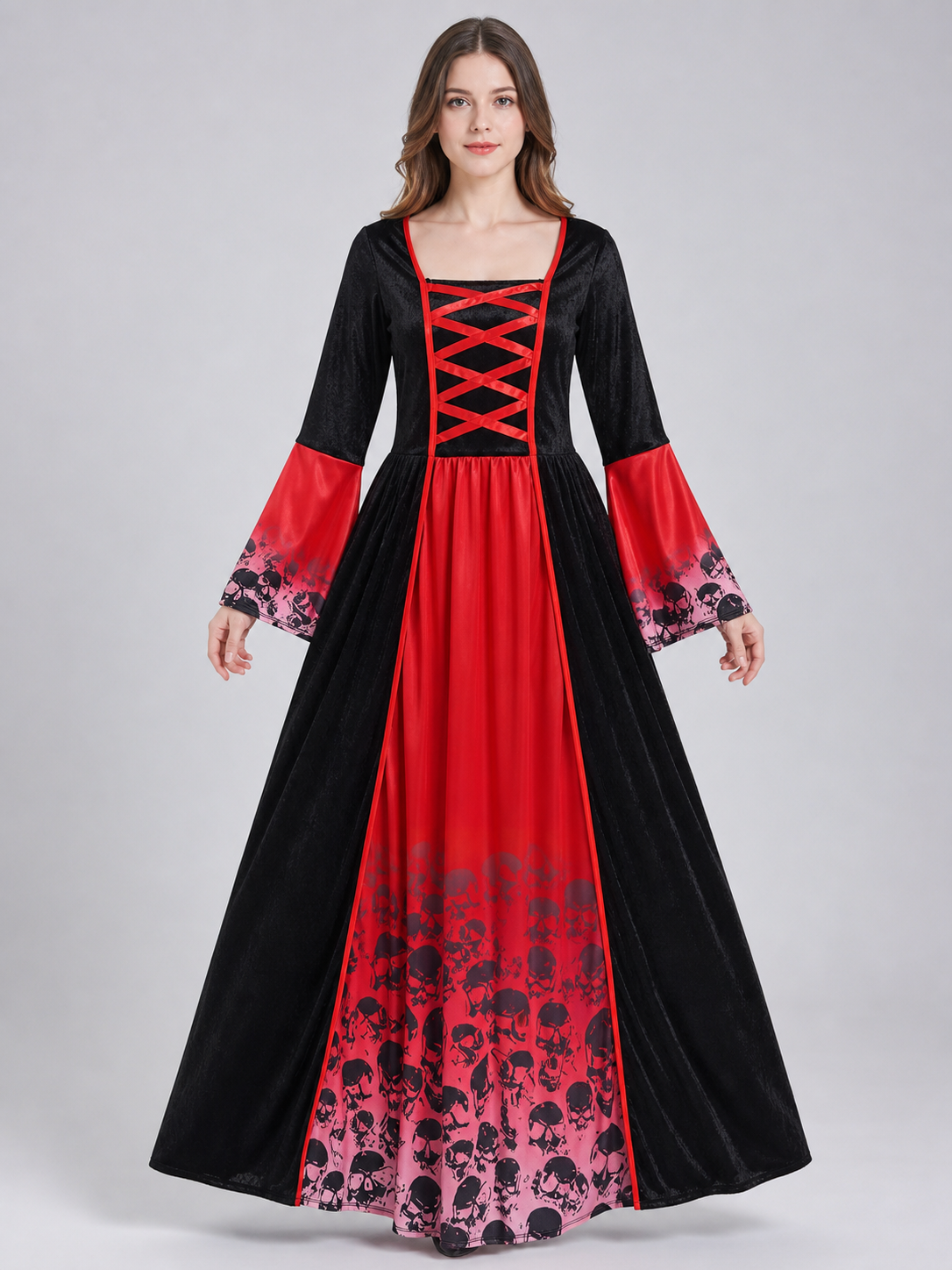Gothic Hooded Dress, Black and Red Print