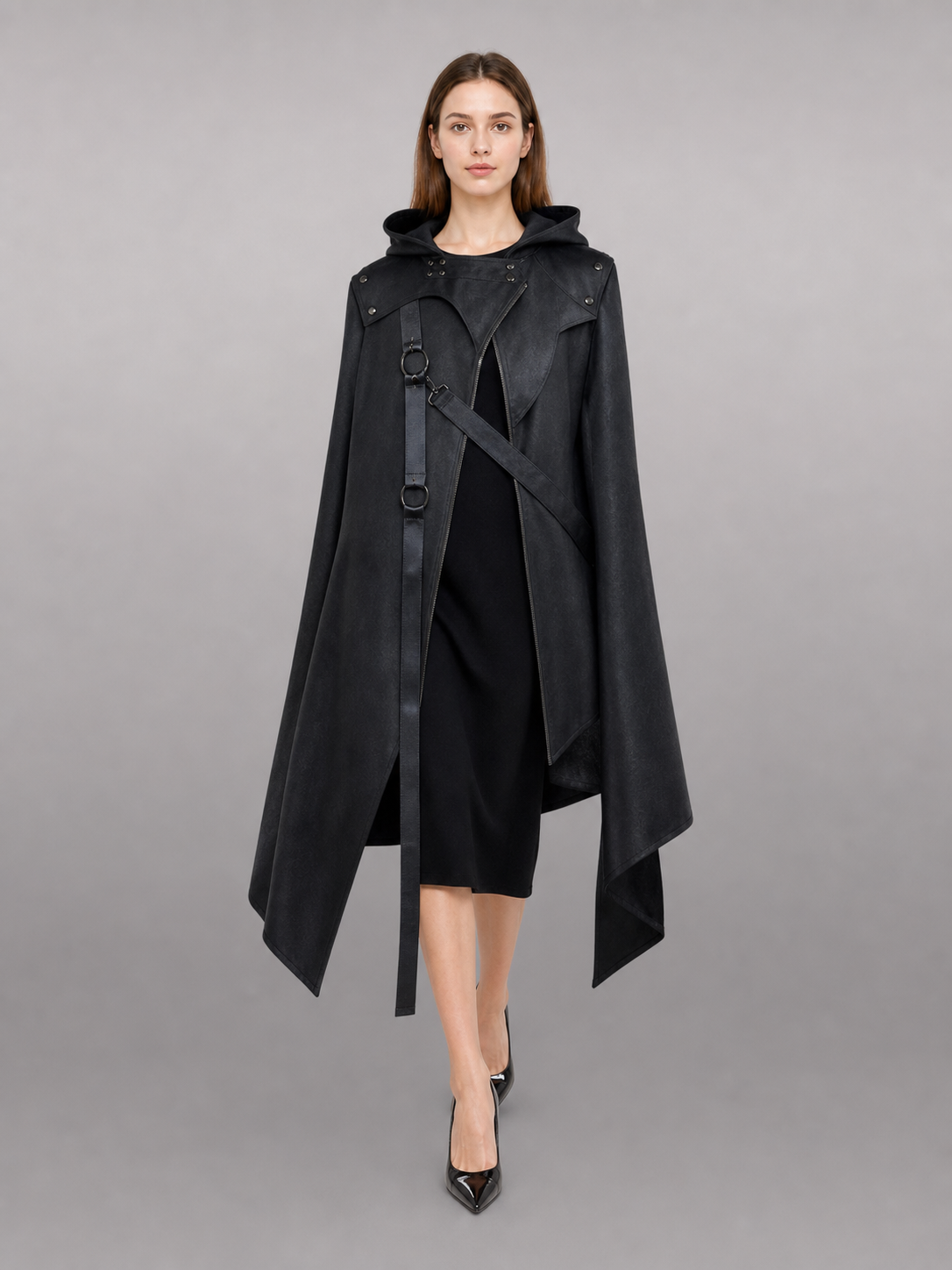 Black asymmetrical carnival cloak with hood