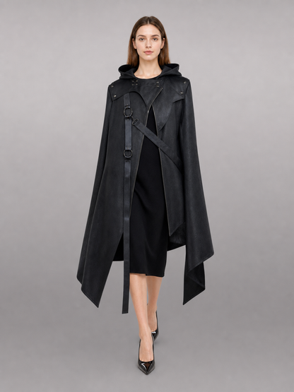 Black asymmetrical carnival cloak with hood