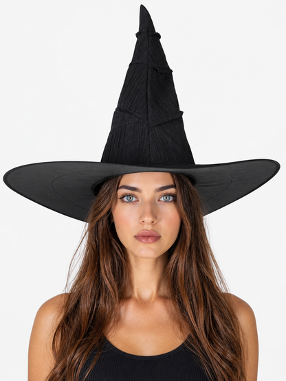 Matte Black Halloween Witch Hat Tall Pointed Crown Wide Curved Floppy Brim Ruched Costume Accessory for Cosplay Party Stage Dress Up
