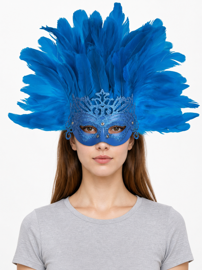 Carnival Mask with Blue Feathers and Glitter