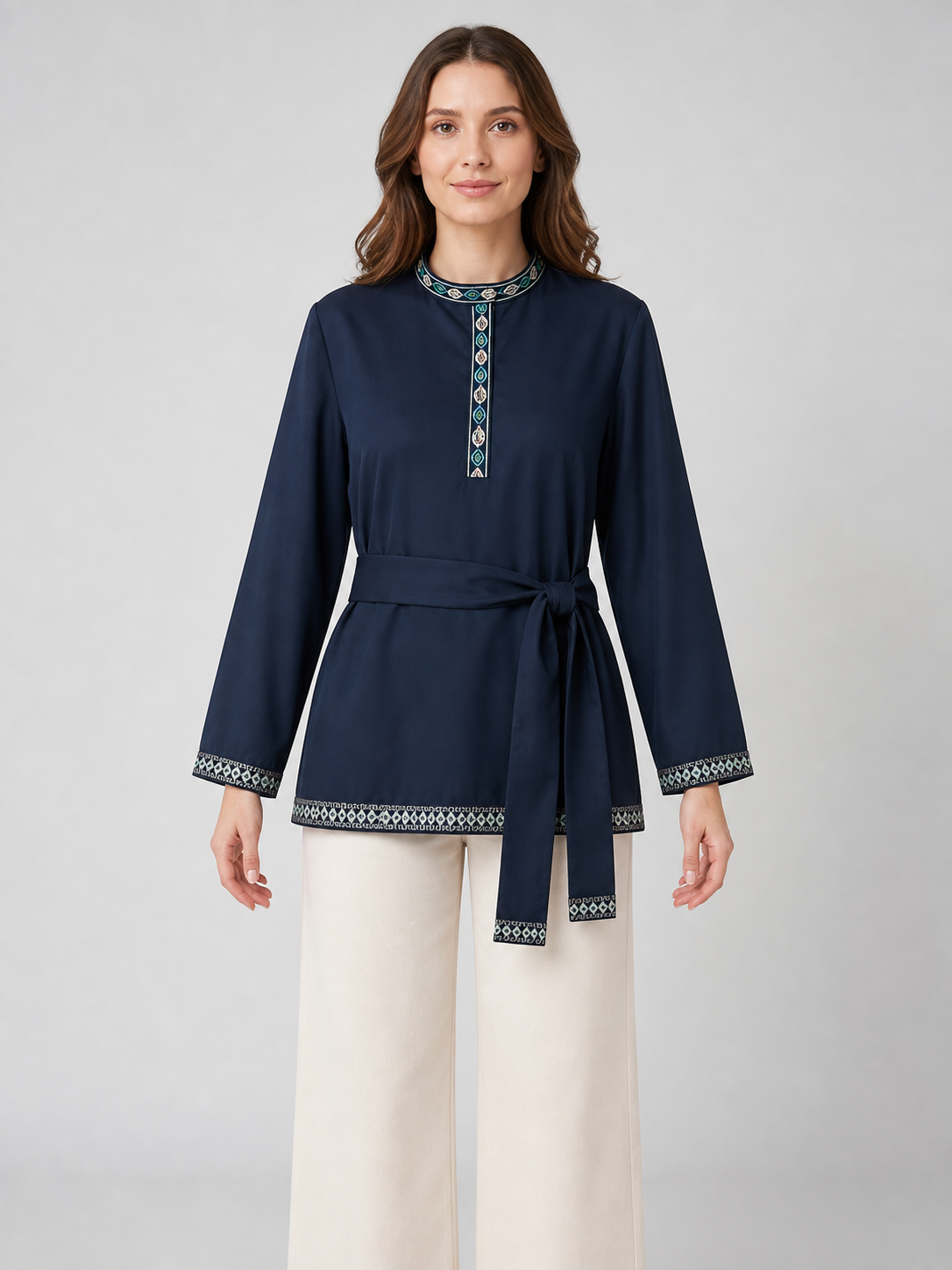 Tunic with a stand-up collar and belt, dark navy