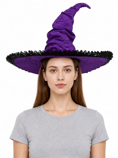 Purple Halloween Witch Hat Pointed Wide Brim Gothic Costume Accessory With Black Lace-Like Trim For Cosplay Themed Parties