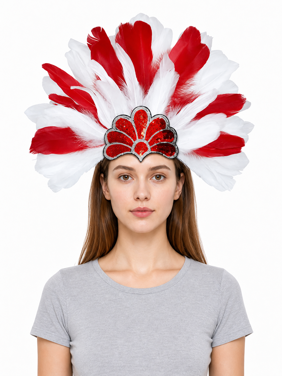 Carnival headpiece with red and white feathers