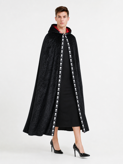 Black carnival cape with hood and skulls