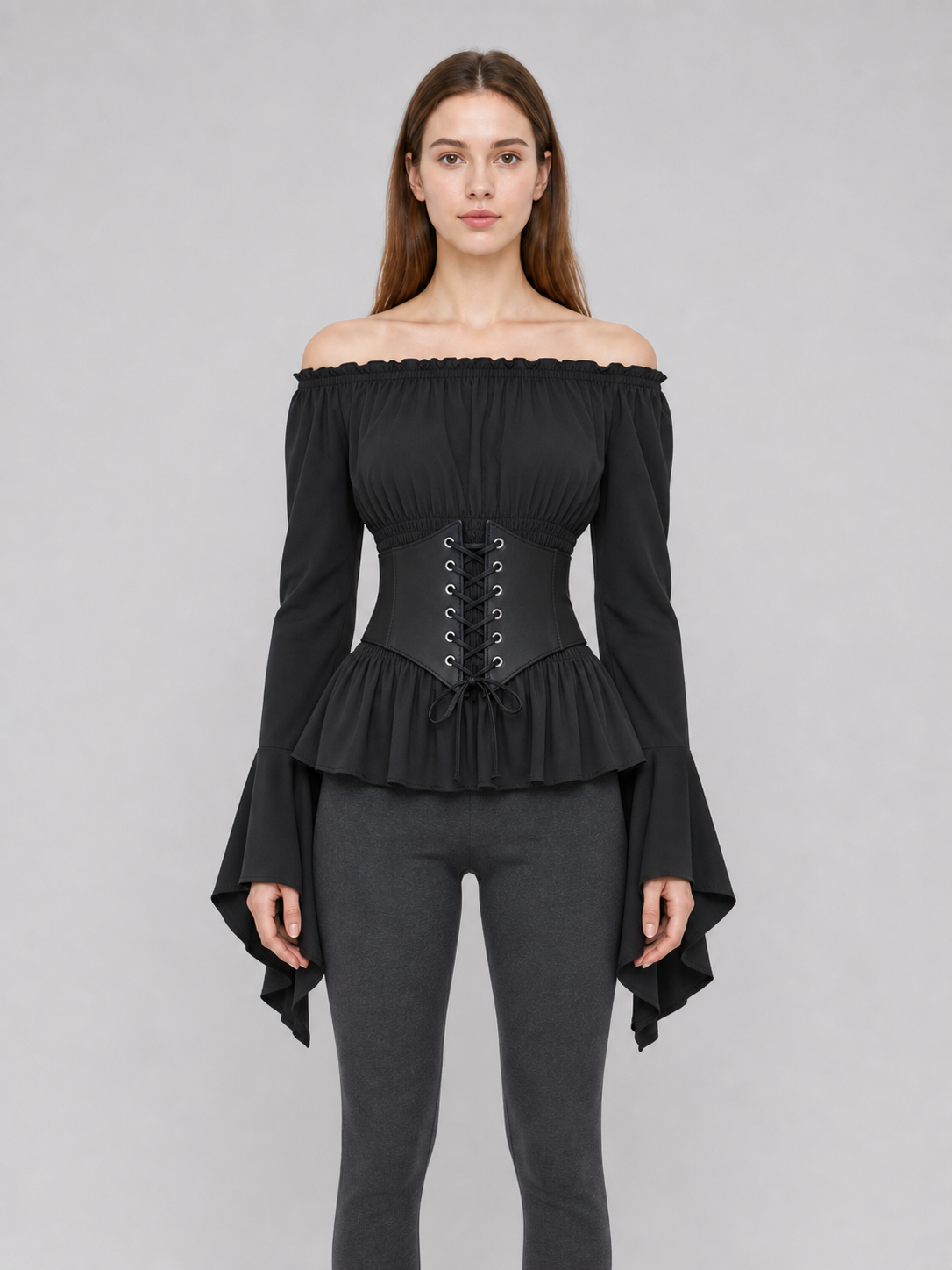 Black Gothic Peplum Top with Lace-Up Belt