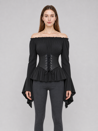 Black Gothic Peplum Top with Lace-Up Belt