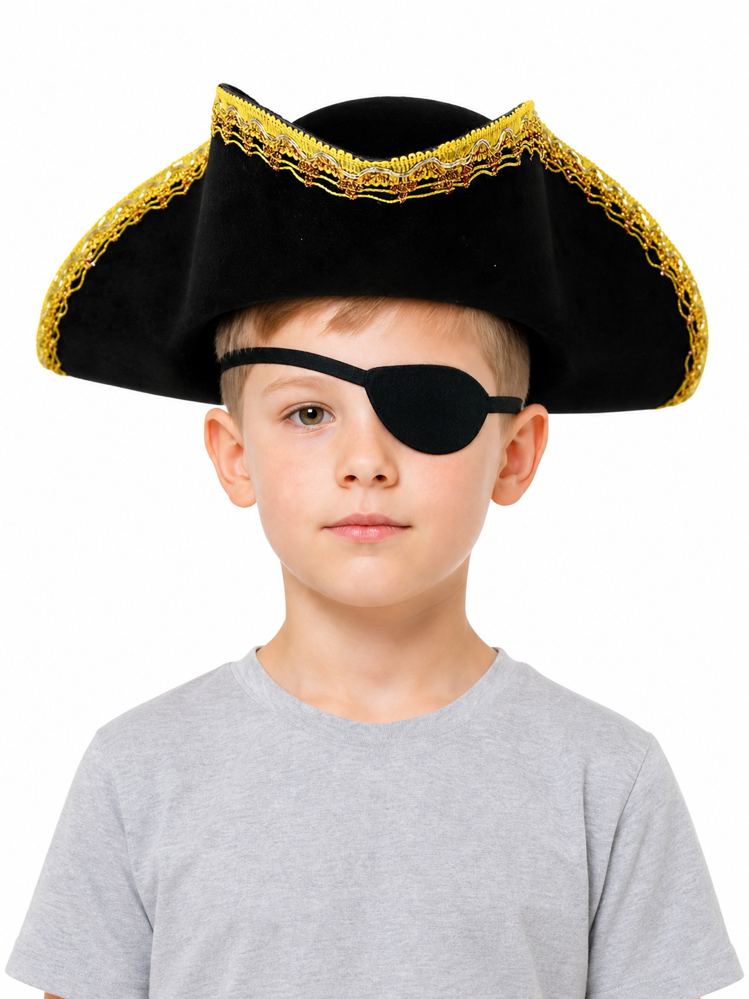 Children's black pirate tricorn hat with decorative gold trim for costume play and themed events