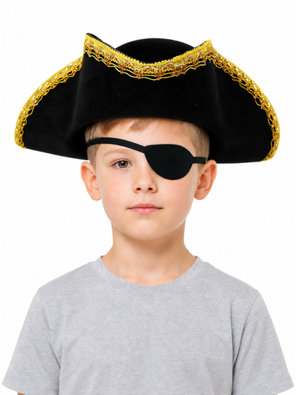 Children's black pirate tricorn hat with decorative gold trim for costume play and themed events