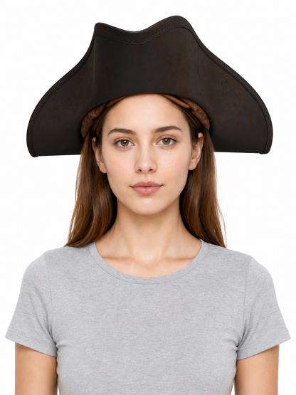 Women's Pirate Hat for Costume Parties, Cosplay and Themed Events, Tall Curved Crown, Wide Asymmetrical Brim, Dark Brown to Black Textured Design