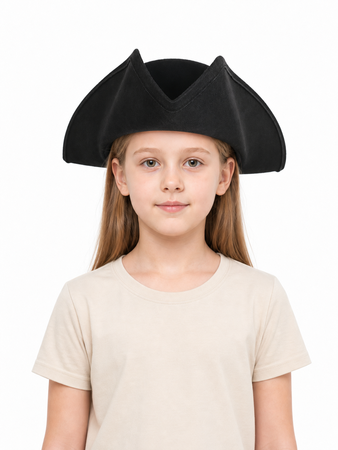 Children's Pirate Hat, Black Wide-Brim Tricorn Style Costume Hat with Turned-Up Sides, Pointed Crown Sections and Stitched Edging for Dress-Up Play and Costume Parties
