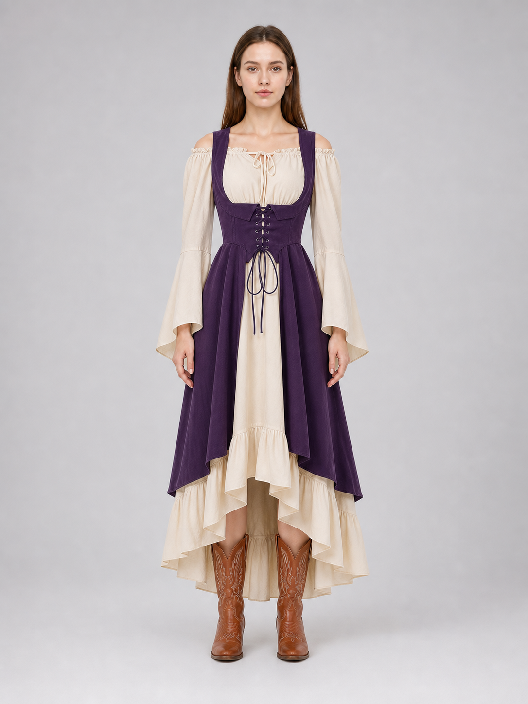 Purple Retro Lace-Up Pinafore Dress