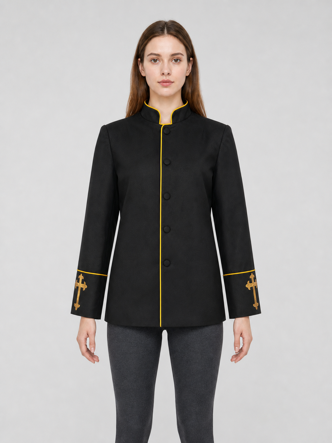 Black stand-collar jacket with gold trim
