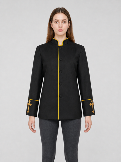 Black stand-collar jacket with gold trim