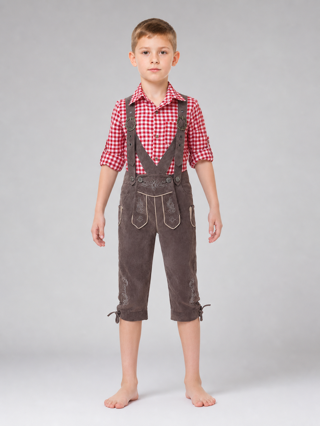 Alpine-style outfit: plaid shirt and pants