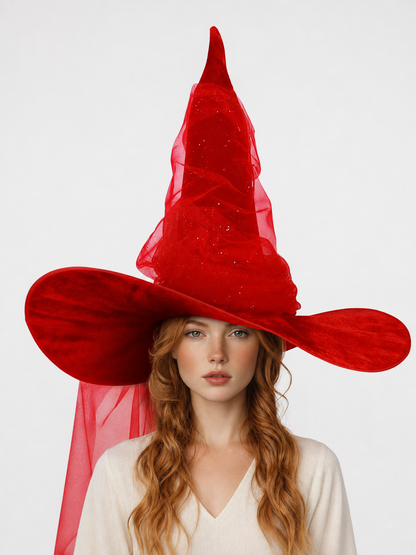 1pc Red Halloween Witch Hat with Very Tall Pointed Crown, Extra-Wide Floppy Brim and Sheer Glitter-Speckled Overlay for Cosplay Parties