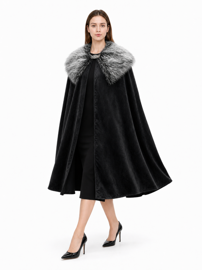 Black Costume Cloak with Faux Fur Collar