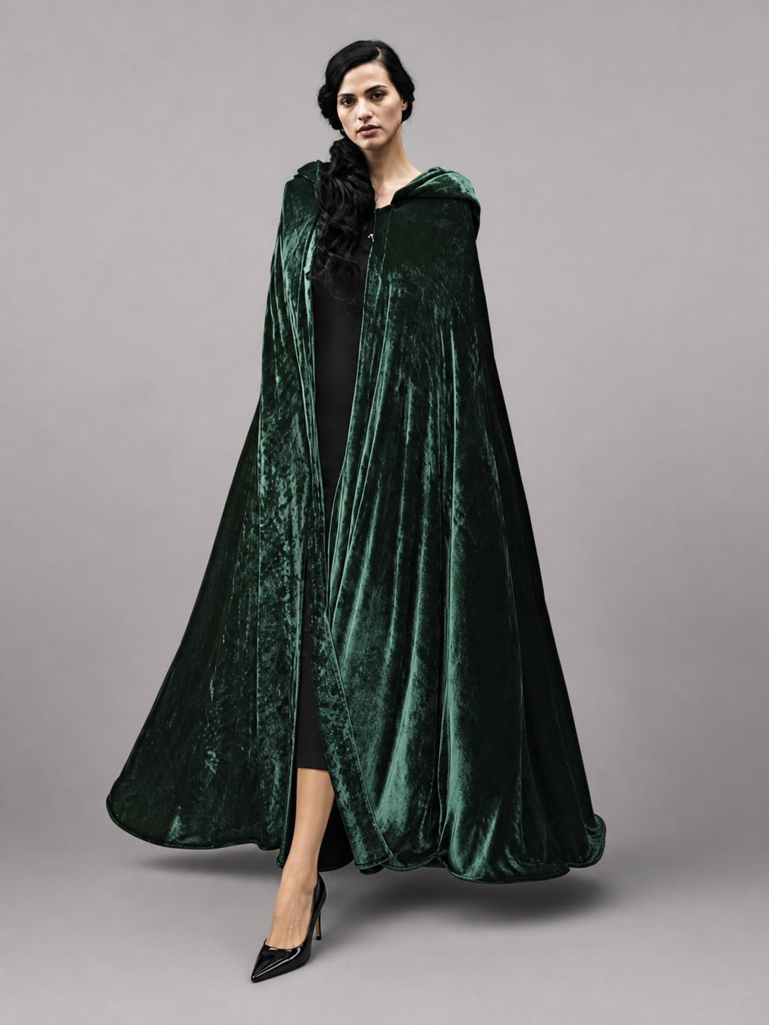 Dark green hooded velvet costume cape product view 49