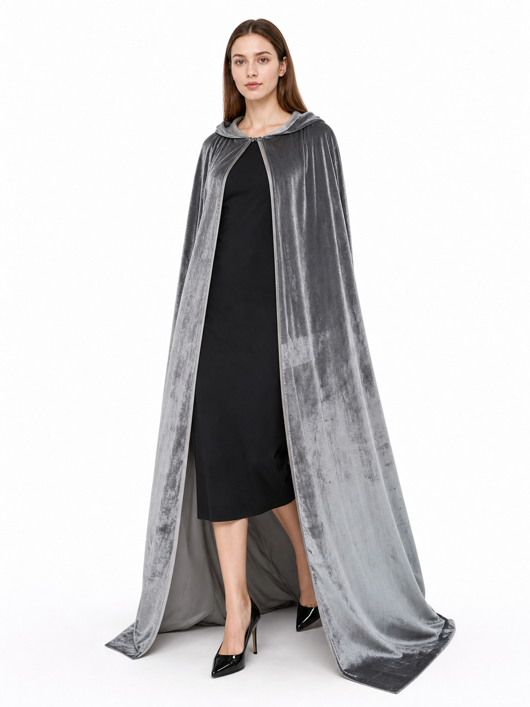 Gray Hooded Long Costume Cape