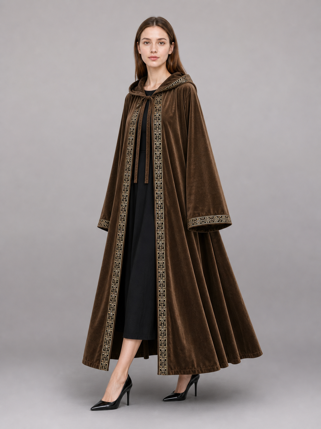 Long Hooded Robe, Brown, Loose Fit front view 2