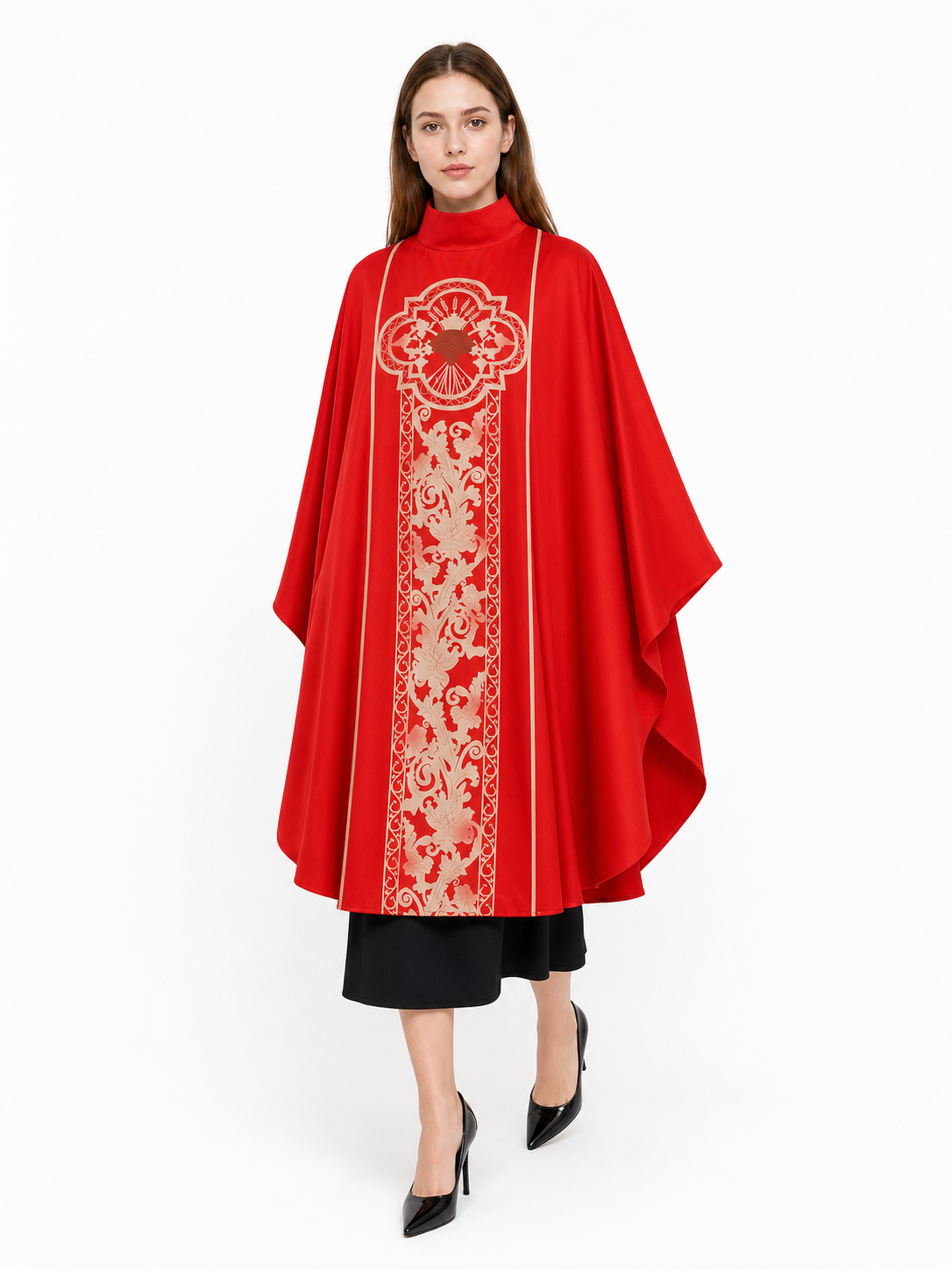 Red costume cloak with ornament and sleeves
