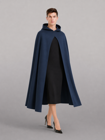 Halloween Costume Women Medieval Hooded Cape, Dark Blue Long with Front Clasp