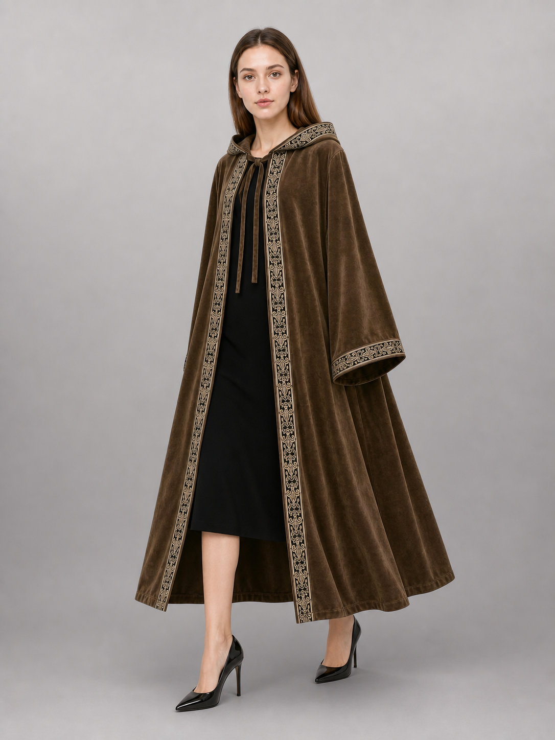 Long Hooded Robe, Brown, Loose Fit front view 3