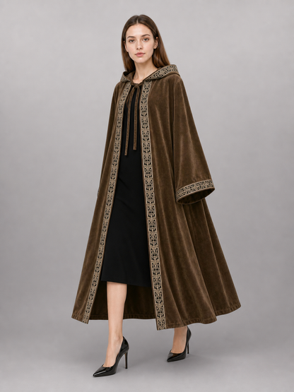 Long Hooded Robe, Brown, Loose Fit front view 3