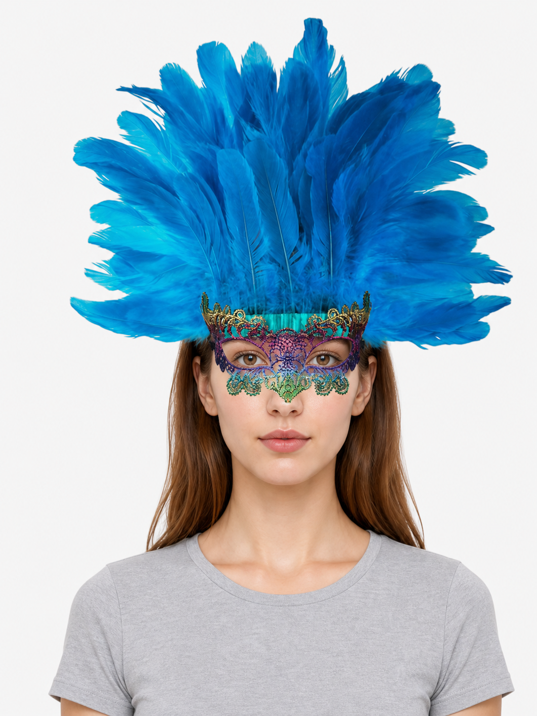 Blue Carnival Headpiece with Feathers and Mask