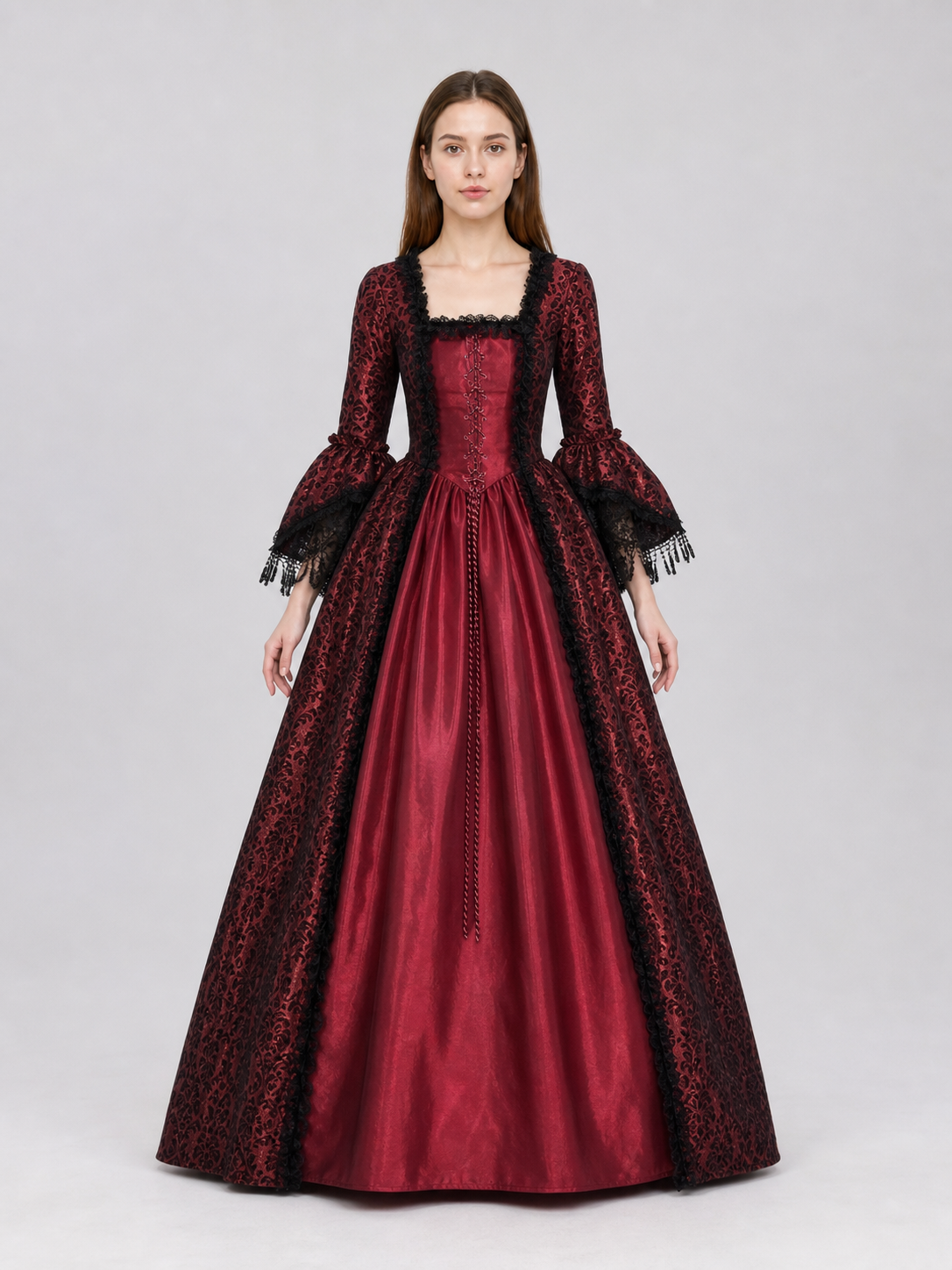 Renaissance-Style Dress with Lace and Long Sleeves front view