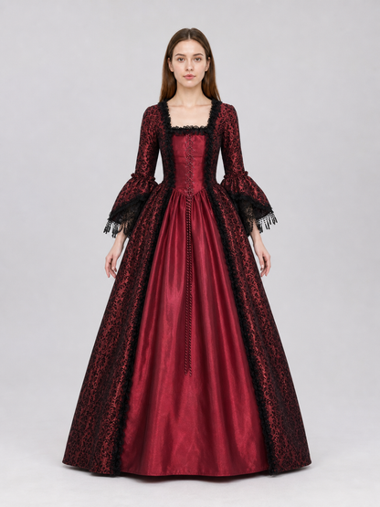 Renaissance-Style Dress with Lace and Long Sleeves front view