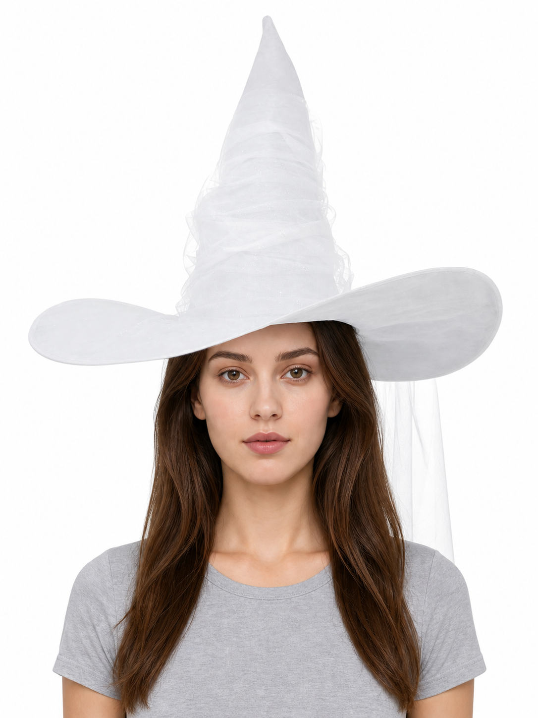 White Halloween Witch Hat With Attached Sheer Veil, Tall Curved Pointed Crown And Wide Floppy Brim For Cosplay Costume Party