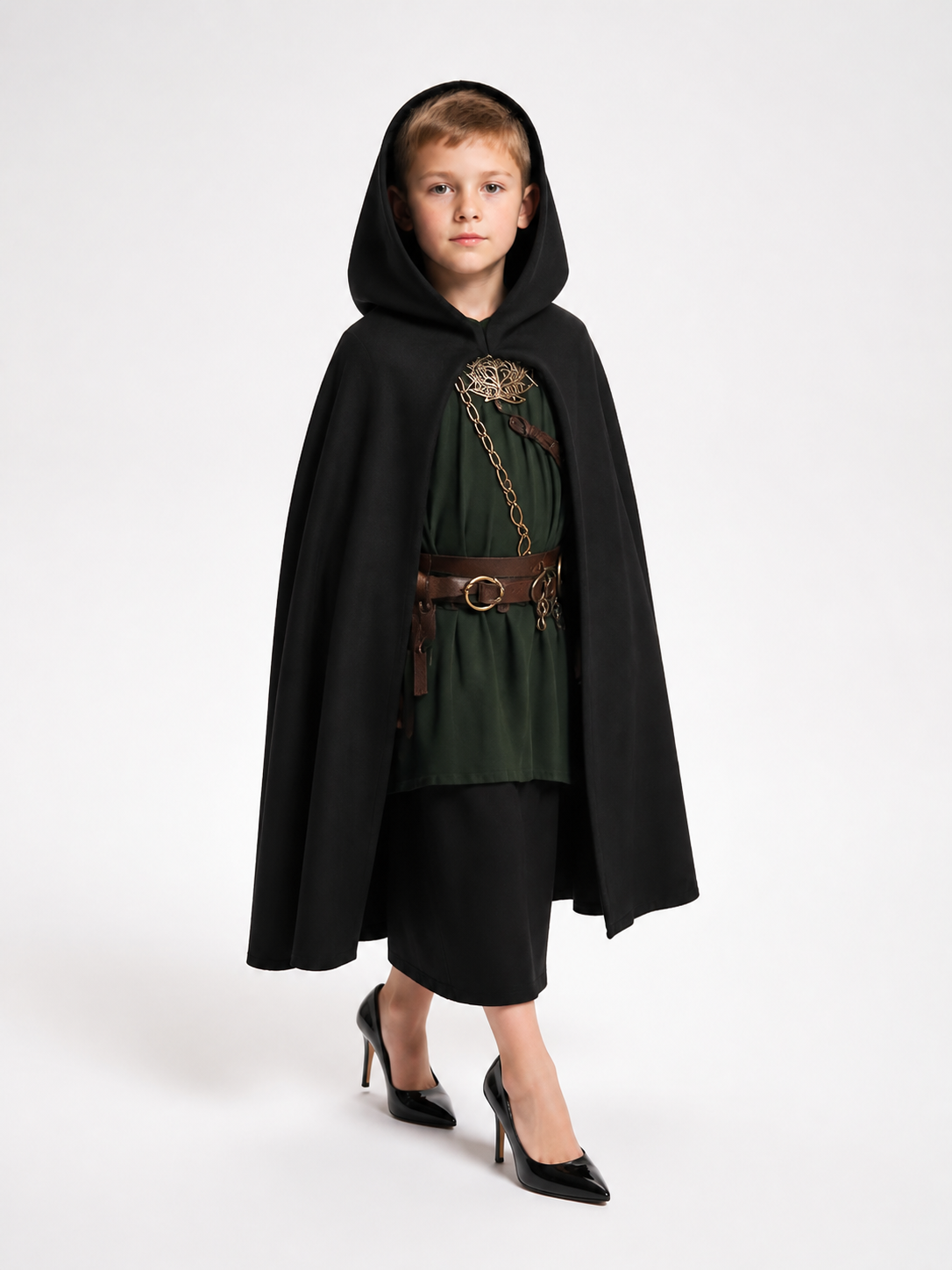 Medieval Black Hooded Costume Cloak front view 2