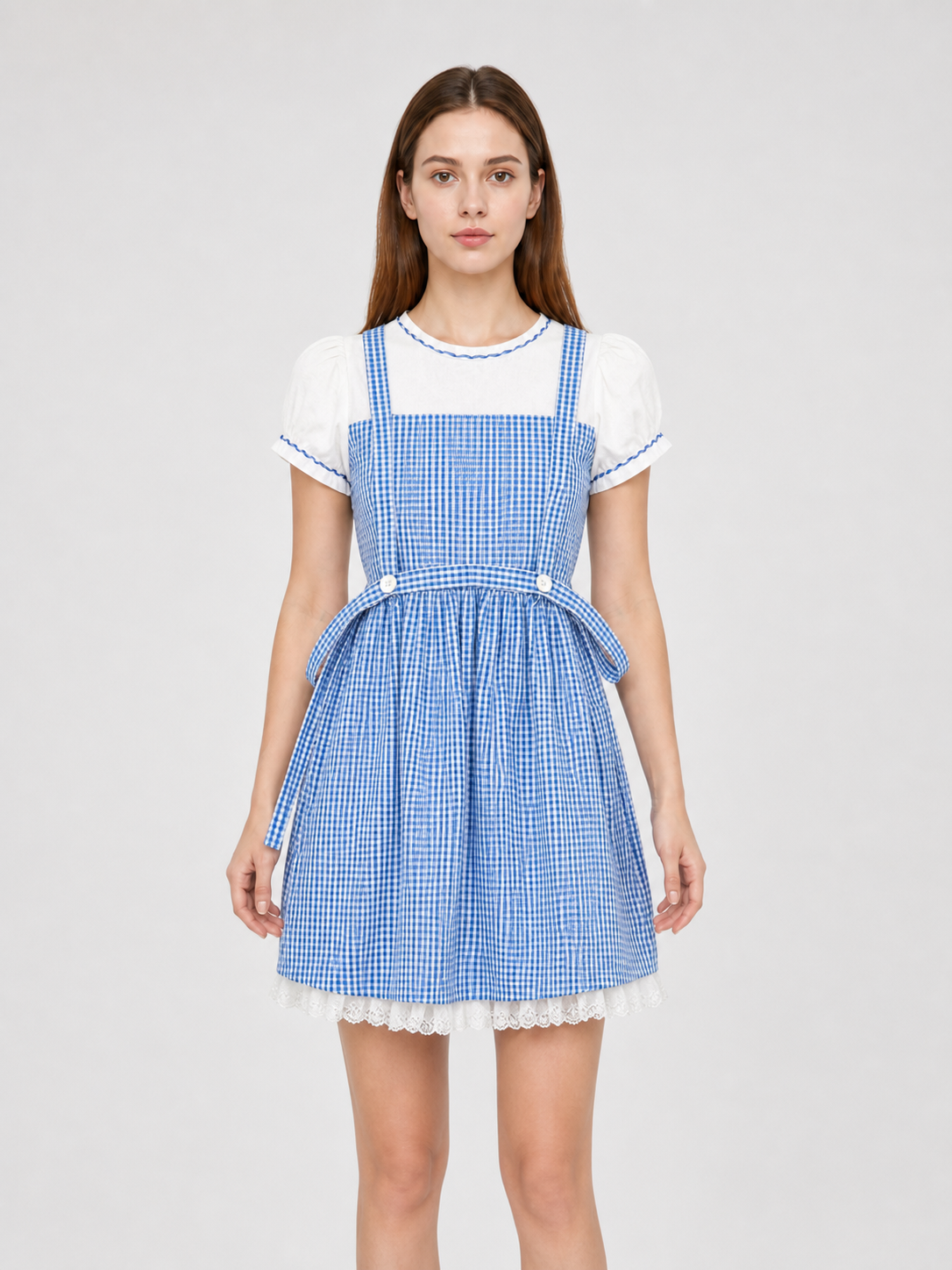 Blue and White Plaid Dress Set with Accessories