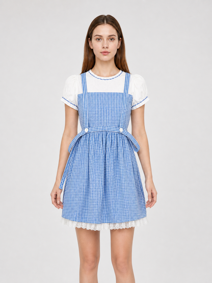 Blue and White Plaid Dress Set with Accessories