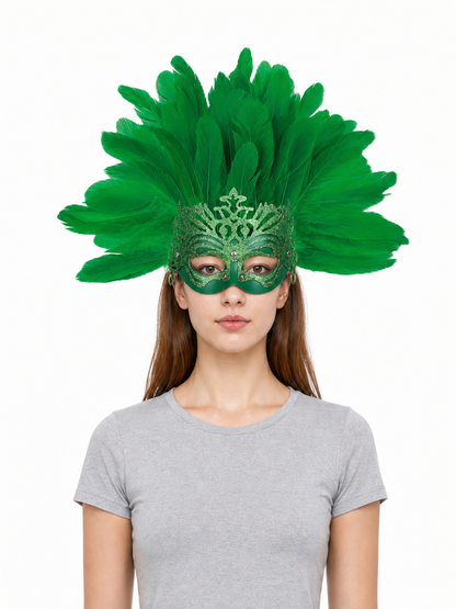Carnival Mask with Green Feathers and Glitter