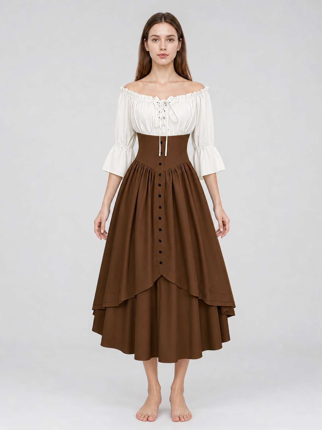 Brown Medieval-Style Dress with Ruffles