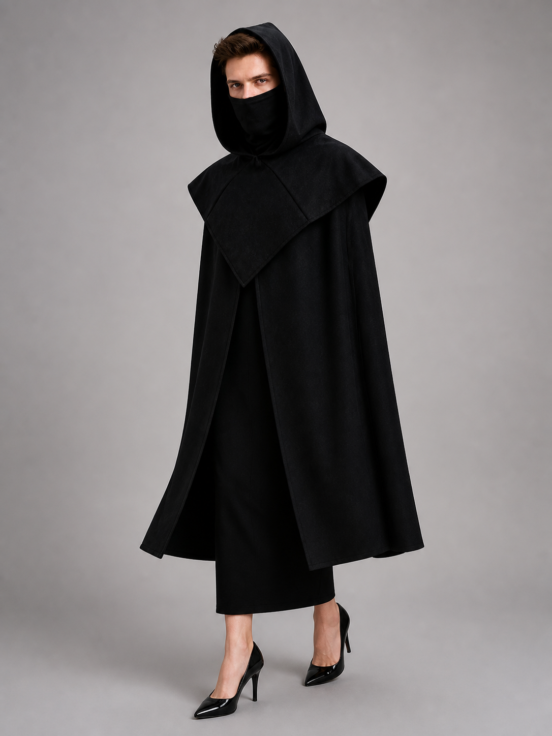Black Carnival Cloak with Hood and Mask front view