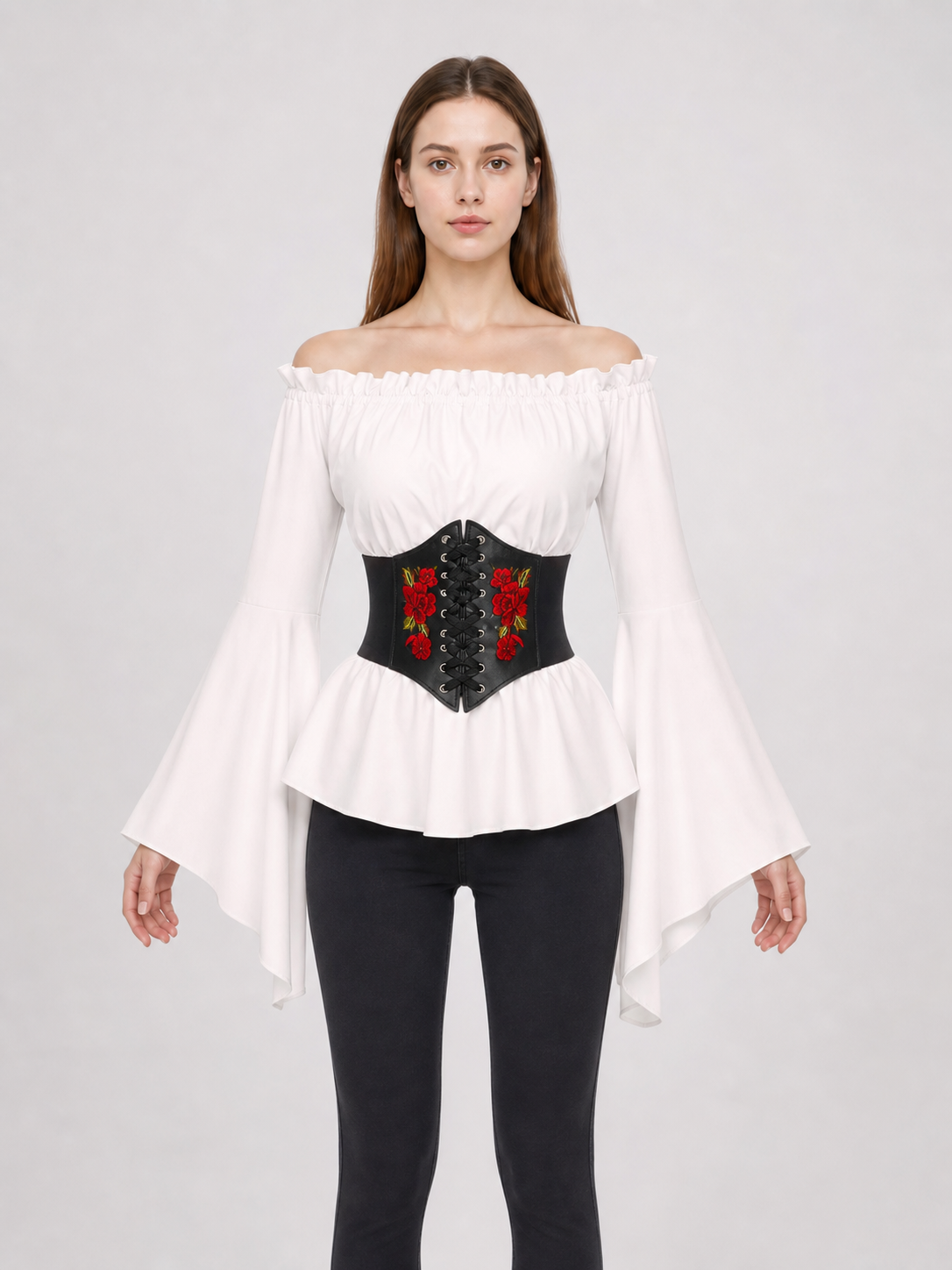 Vintage-Style Blouse with Embroidered Belt