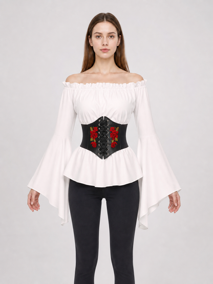 Vintage-Style Blouse with Embroidered Belt