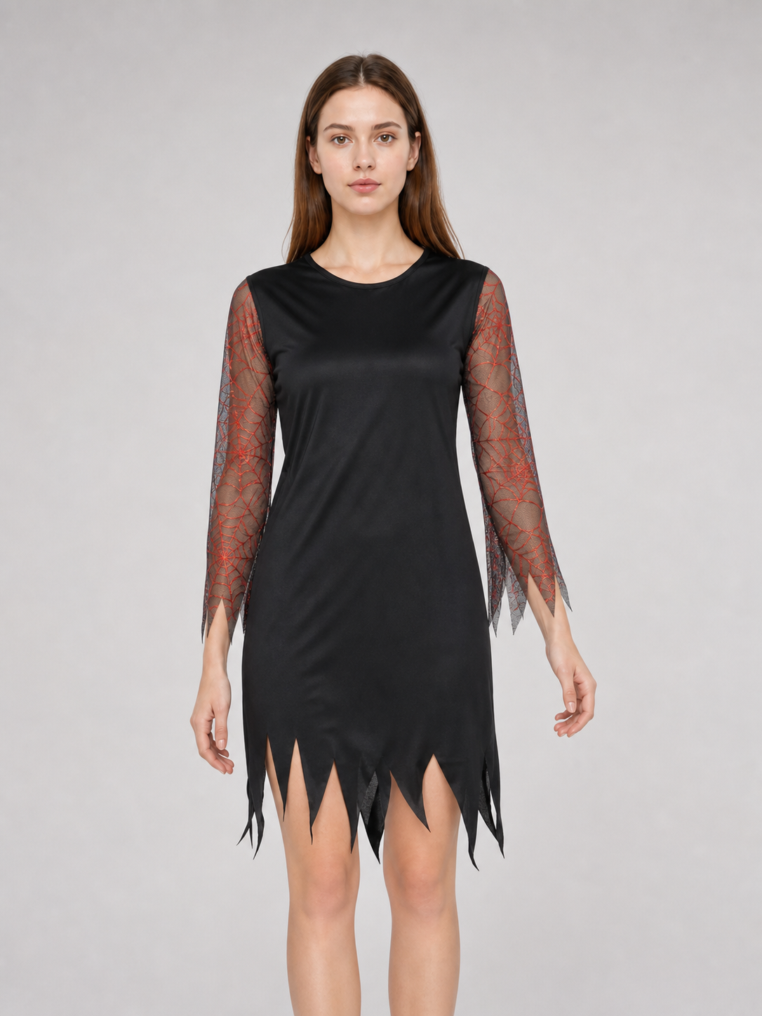 Halloween costume set for a standout look and themed events. The set includes a pointed wide-brim hat and a one-piece long-sleeve dress. The style is mostly black, while the semi-sheer sleeves made from lightweight mesh have a dark red-and-