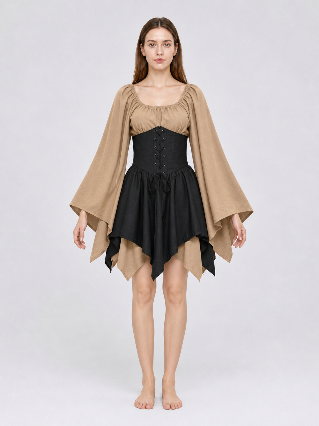 Gothic fantasy corset dress with long sleeves front view
