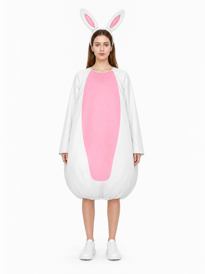 Front view of a white rabbit costume jumpsuit with a large pink oval panel and bunny ears, styled with white sneakers