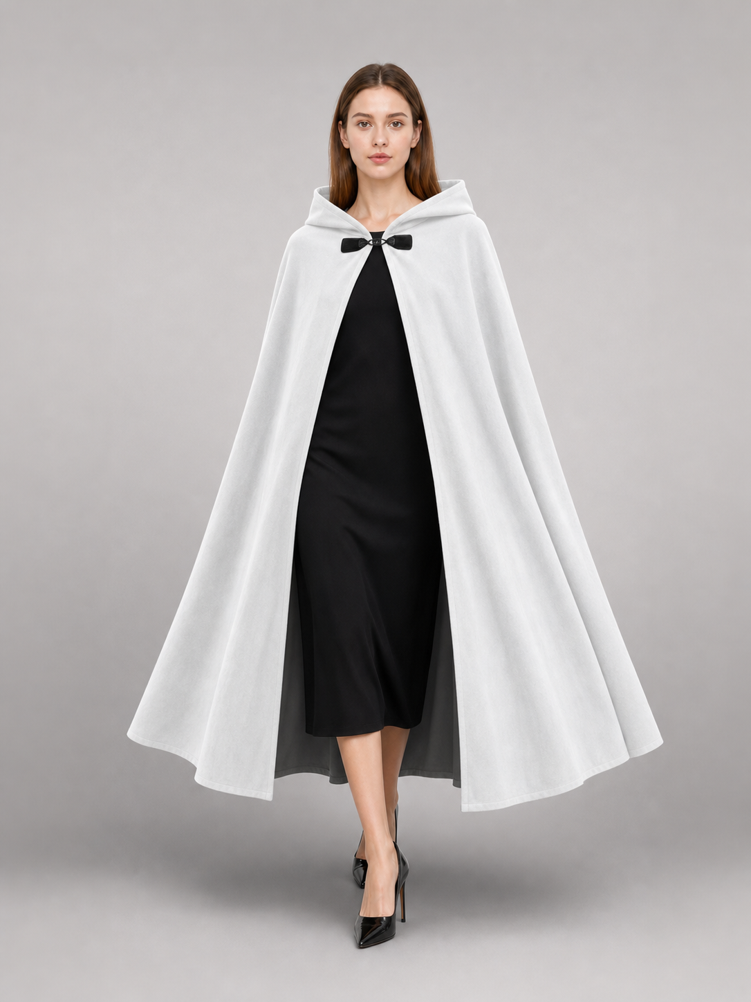 Medieval White Velvet Hooded Long Cloak Cape with Black Bow Tie Front Flared Hem front view 3