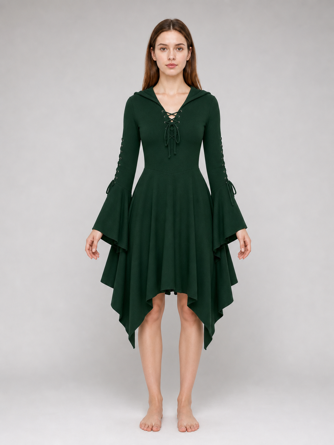 Gothic Hooded Dress with an Asymmetrical Hem