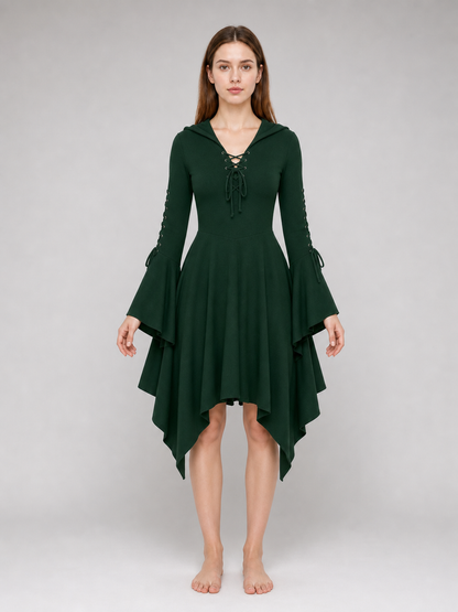 Gothic Hooded Dress with an Asymmetrical Hem